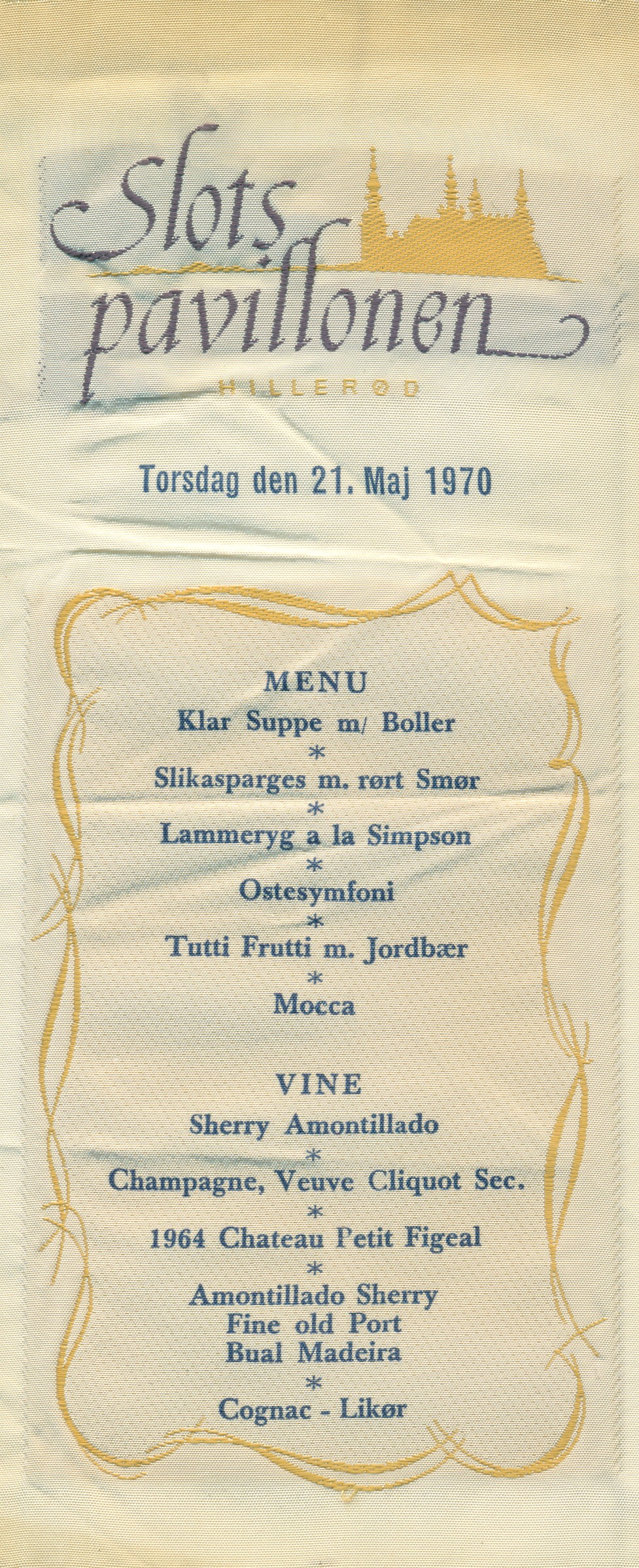 Broderet 6-retters menu med vine fra Slotspavillionen, 1970