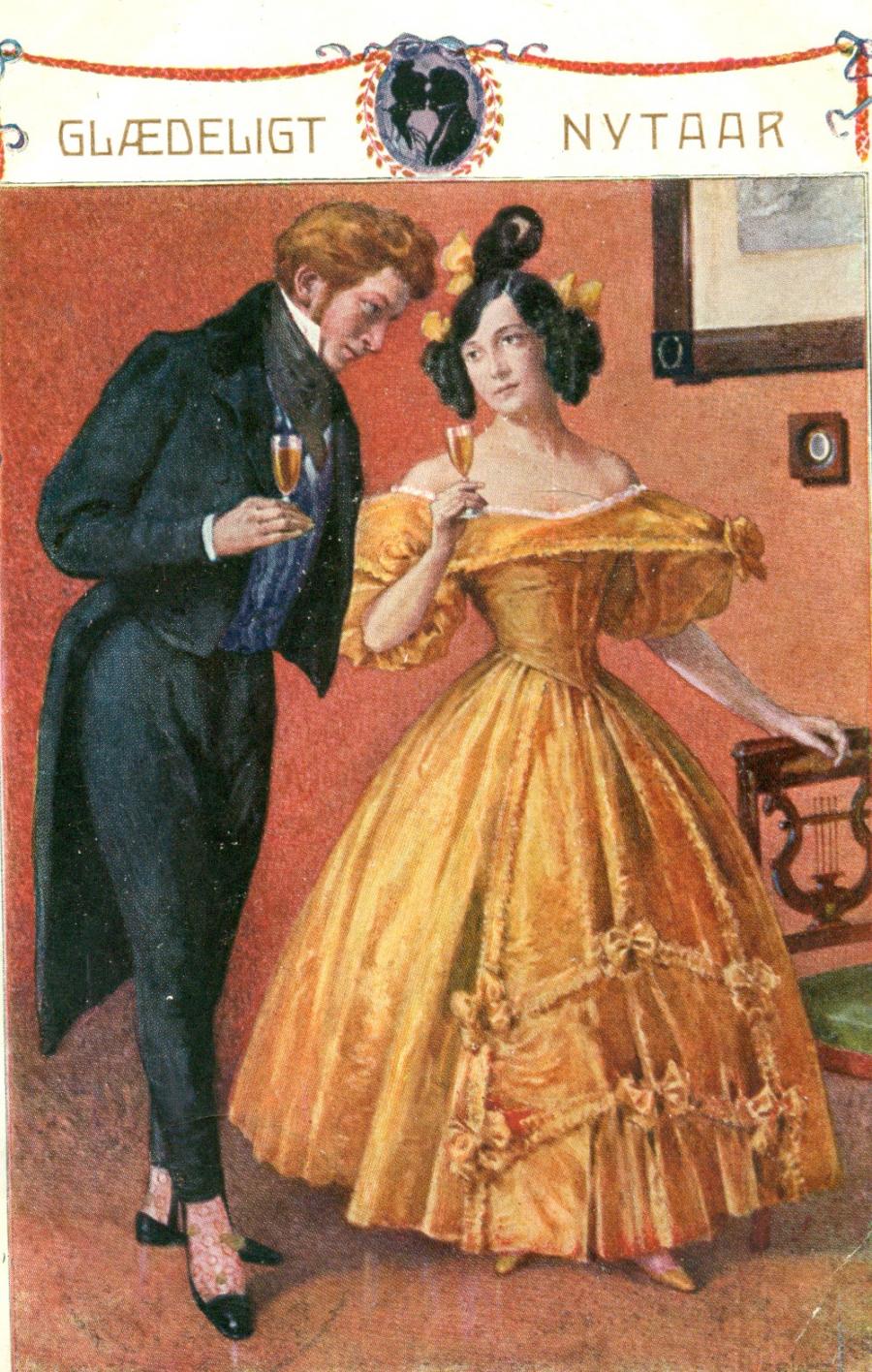 Postkortmotiv: Med teksten "Glædelig Nytaar" og farvetegning af ung festklædt par, der står tæt sammen mens de skåler i champagne