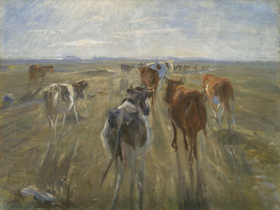 Maleri af køer der går mod solnedgangen